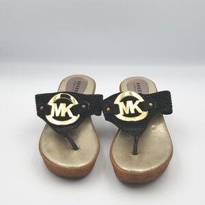 Thong wedge sandals, women size 5; black, tan, gold "Michael Kors" like buckle.